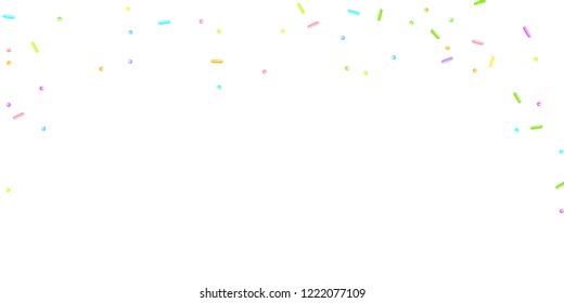 Sprinkles grainy. Sweet confetti on white chocolate glaze background. Cupcake, donuts, dessert, sugar, bakery background. Vector Illustration for holiday designs, party, birthday, wedding invitation.