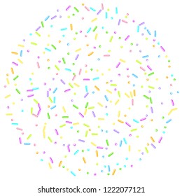 Sprinkles grainy. Sweet confetti on white chocolate glaze background. Cupcake, donuts, dessert, sugar, bakery background. Vector Illustration for holiday designs, party, birthday, wedding invitation.