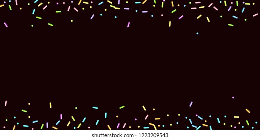 Sprinkles grainy. Sweet confetti on chocolate glaze background. Cupcake, donuts, dessert, sugar, bakery background. Vector Illustration for holiday designs, party, birthday, wedding invitation.