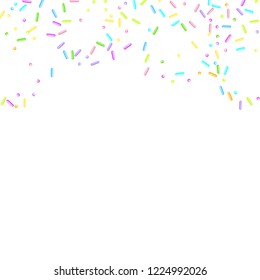 Sprinkles grainy. Sweet confetti on white chocolate glaze background. Cupcake, donuts, dessert, sugar, bakery background. Vector Illustration for holiday designs, party, birthday, wedding invitation.