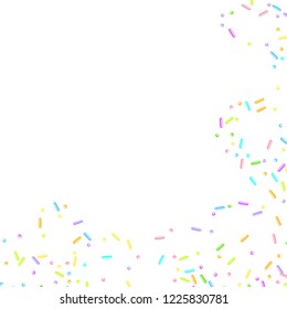 Sprinkles grainy. Sweet confetti on white chocolate glaze background. Cupcake, donuts, dessert, sugar, bakery background. Vector Illustration for holiday designs, party, birthday, wedding invitation.