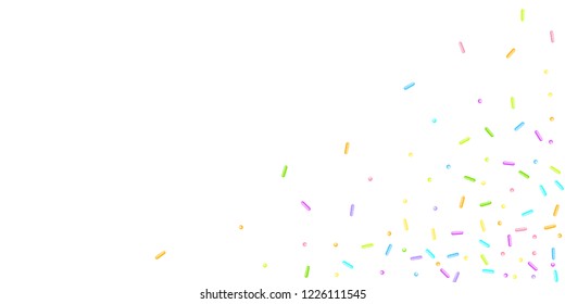 Sprinkles grainy. Sweet confetti on white chocolate glaze background. Cupcake, donuts, dessert, sugar, bakery background. Vector Illustration for holiday designs, party, birthday, wedding invitation.
