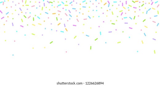 Sprinkles grainy. Sweet confetti on white chocolate glaze background. Cupcake, donuts, dessert, sugar, bakery background. Vector Illustration for holiday designs, party, birthday, wedding invitation.