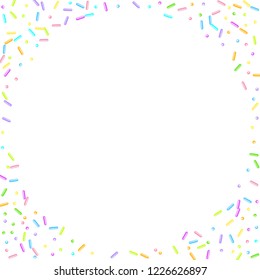 Sprinkles grainy. Sweet confetti on white chocolate glaze background. Cupcake, donuts, dessert, sugar, bakery background. Vector Illustration for holiday designs, party, birthday, wedding invitation.