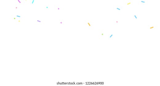 Sprinkles grainy. Sweet confetti on white chocolate glaze background. Cupcake, donuts, dessert, sugar, bakery background. Vector Illustration for holiday designs, party, birthday, wedding invitation.