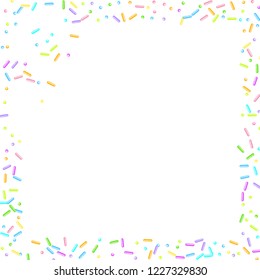 Sprinkles grainy. Sweet confetti on white chocolate glaze background. Cupcake, donuts, dessert, sugar, bakery background. Vector Illustration for holiday designs, party, birthday, wedding invitation.