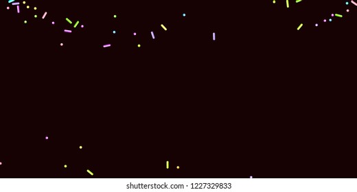 Sprinkles grainy. Sweet confetti on chocolate glaze background. Cupcake, donuts, dessert, sugar, bakery background. Vector Illustration for holiday designs, party, birthday, wedding invitation.
