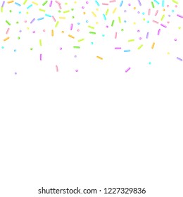 Sprinkles grainy. Sweet confetti on white chocolate glaze background. Cupcake, donuts, dessert, sugar, bakery background. Vector Illustration for holiday designs, party, birthday, wedding invitation.
