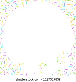 Sprinkles grainy. Sweet confetti on white chocolate glaze background. Cupcake, donuts, dessert, sugar, bakery background. Vector Illustration for holiday designs, party, birthday, wedding invitation.