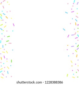 Sprinkles grainy. Sweet confetti on white chocolate glaze background. Cupcake, donuts, dessert, sugar, bakery background. Vector Illustration for holiday designs, party, birthday, wedding invitation.