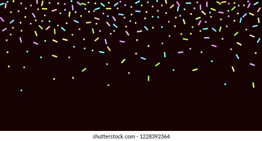 Sprinkles grainy. Sweet confetti on chocolate glaze background. Cupcake, donuts, dessert, sugar, bakery background. Vector Illustration for holiday designs, party, birthday, wedding invitation.