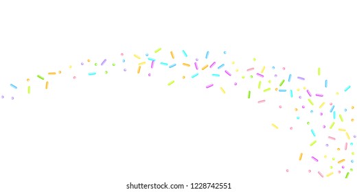 Sprinkles grainy. Sweet confetti on white chocolate glaze background. Cupcake, donuts, dessert, sugar, bakery background. Vector Illustration for holiday designs, party, birthday, wedding invitation.