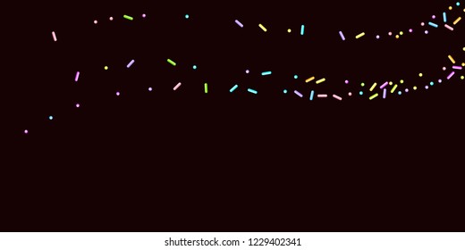 Sprinkles grainy. Sweet confetti on chocolate glaze background. Cupcake, donuts, dessert, sugar, bakery background. Vector Illustration for holiday designs, party, birthday, wedding invitation.