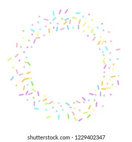 Sprinkles grainy. Sweet confetti on white chocolate glaze background. Cupcake, donuts, dessert, sugar, bakery background. Vector Illustration for holiday designs, party, birthday, wedding invitation.