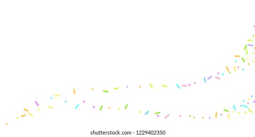 Sprinkles grainy. Sweet confetti on white chocolate glaze background. Cupcake, donuts, dessert, sugar, bakery background. Vector Illustration for holiday designs, party, birthday, wedding invitation.
