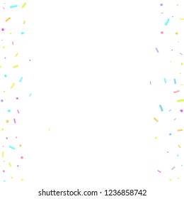 Sprinkles grainy. Sweet confetti on white chocolate glaze background. Cupcake, donuts, dessert, sugar, bakery background. Vector Illustration sprinkles grainy holiday, party, birthday,  invitation.