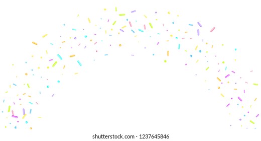 Sprinkles grainy. Sweet confetti on white chocolate glaze background. Cupcake, donuts, dessert, sugar, bakery background. Vector Illustration sprinkles grainy holiday, party, birthday,  invitation.