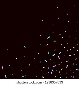 Sprinkles grainy. Sweet confetti on chocolate glaze background. Cupcake, donuts, dessert, sugar, bakery background. Vector Illustration sprinkles grainy holiday, party, birthday,  invitation.