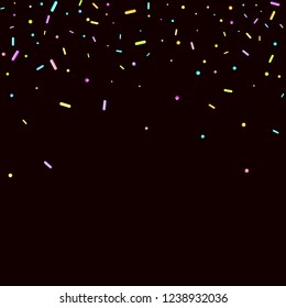 Sprinkles grainy. Sweet confetti on chocolate glaze background. Cupcake, donuts, dessert, sugar, bakery background. Vector Illustration sprinkles grainy holiday, party, birthday,  invitation.
