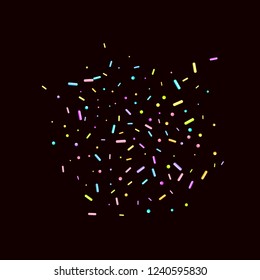 Sprinkles grainy. Sweet confetti on chocolate glaze background. Cupcake, donuts, dessert, sugar, bakery background. Vector Illustration sprinkles grainy holiday, party, birthday,  invitation.