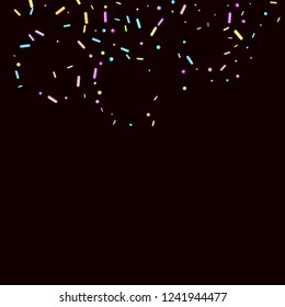 Sprinkles grainy. Sweet confetti on chocolate glaze background. Cupcake, donuts, dessert, sugar, bakery background. Vector Illustration sprinkles grainy holiday, party, birthday,  invitation.