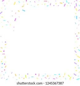 Sprinkles grainy. Sweet confetti on white chocolate glaze background. Cupcake, donuts, dessert, sugar, bakery background. Vector Illustration sprinkles grainy holiday, party, birthday,  invitation.