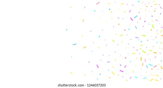 Sprinkles grainy. Sweet confetti on white chocolate glaze background. Cupcake, donuts, dessert, sugar, bakery background. Vector Illustration sprinkles grainy holiday, party, birthday,  invitation.