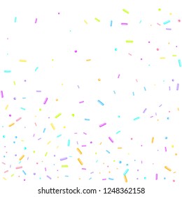 Sprinkles grainy. Sweet confetti on white chocolate glaze background. Cupcake, donuts, dessert, sugar, bakery background. Vector Illustration sprinkles grainy holiday, party, birthday,  invitation.