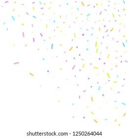 Sprinkles grainy. Sweet confetti on white chocolate glaze background. Cupcake, donuts, dessert, sugar, bakery background. Vector Illustration sprinkles grainy holiday, party, birthday,  invitation.