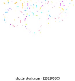 Sprinkles grainy. Sweet confetti on white background. Cupcake, donuts, dessert, sugar, bakery background. Vector Illustration sprinkles grainy holiday, party, birthday,  invitation.