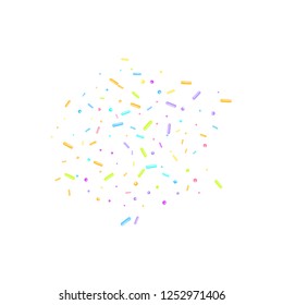 Sprinkles grainy. Sweet confetti on white background. Cupcake, donuts, dessert, sugar, bakery background. Vector Illustration sprinkles grainy holiday, party, birthday,  invitation.