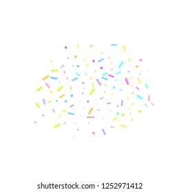 Sprinkles grainy. Sweet confetti on white background. Cupcake, donuts, dessert, sugar, bakery background. Vector Illustration sprinkles grainy holiday, party, birthday,  invitation.
