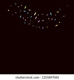 Sprinkles grainy. Sweet confetti on chocolate glaze background. Cupcake, donuts, dessert, sugar, bakery background. Vector Illustration sprinkles grainy holiday, party, birthday,  invitation.