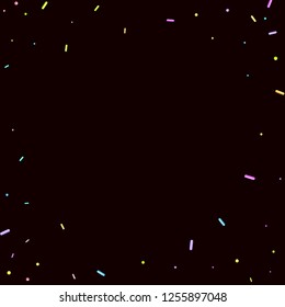 Sprinkles grainy. Sweet confetti on chocolate glaze background. Cupcake, donuts, dessert, sugar, bakery background. Vector Illustration sprinkles grainy holiday, party, birthday,  invitation.