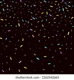 Sprinkles grainy. Sweet confetti on chocolate glaze background. Cupcake, donuts, dessert, sugar, bakery background. Vector Illustration sprinkles grainy holiday, party, birthday,  invitation.