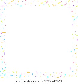 Sprinkles grainy. Sweet confetti on white chocolate glaze background. Cupcake, donuts, dessert, sugar, bakery background. Vector Illustration sprinkles grainy holiday, party, birthday,  invitation.