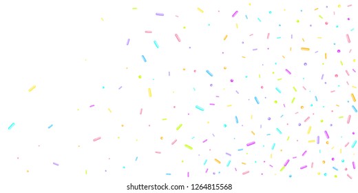 Sprinkles grainy. Sweet confetti on white chocolate glaze background. Cupcake, donuts, dessert, sugar, bakery background. Vector Illustration sprinkles grainy holiday, party, birthday,  invitation.