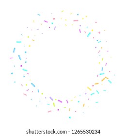 Sprinkles grainy. Sweet confetti on white chocolate glaze background. Cupcake, donuts, dessert, sugar, bakery background. Vector Illustration sprinkles grainy holiday, party, birthday,  invitation.