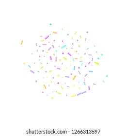 Sprinkles grainy. Sweet confetti on white chocolate glaze background. Cupcake, donuts, dessert, sugar, bakery background. Vector Illustration sprinkles grainy holiday, party, birthday,  invitation.