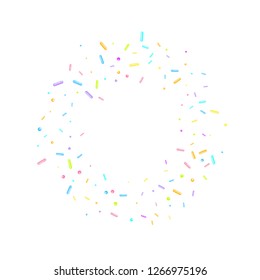 Sprinkles grainy. Sweet confetti on white chocolate glaze background. Cupcake, donuts, dessert, sugar, bakery background. Vector Illustration sprinkles grainy holiday, party, birthday,  invitation.