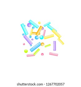 Sprinkles grainy. Sweet confetti on white chocolate glaze background. Sprinkle Cupcake, donuts, dessert, sugar, bakery background. Confetti Vector Illustration for holiday designs, party, birthday.