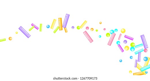 Sprinkles grainy. Sweet confetti on white chocolate glaze background. Sprinkle Cupcake, donuts, dessert, sugar, bakery background. Confetti Vector Illustration for holiday designs, party, birthday.