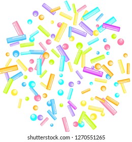 Sprinkles grainy. Sweet confetti on white chocolate glaze background. Sprinkle Cupcake, donuts, dessert, sugar, bakery background. Confetti Vector Illustration for holiday designs, party, birthday.