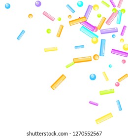 Sprinkles grainy. Sweet confetti on white chocolate glaze background. Sprinkle Cupcake, donuts, dessert, sugar, bakery background. Confetti Vector Illustration for holiday designs, party, birthday.