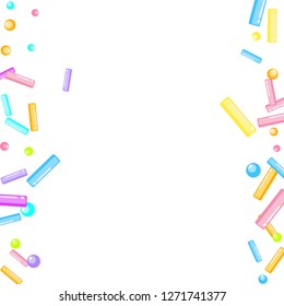 Sprinkles grainy. Sweet confetti on white chocolate glaze background. Sprinkle Cupcake, donuts, dessert, sugar, bakery background. Confetti Vector Illustration for holiday designs, party, birthday.