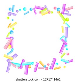 Sprinkles grainy. Sweet confetti on white chocolate glaze background. Sprinkle Cupcake, donuts, dessert, sugar, bakery background. Confetti Vector Illustration for holiday designs, party, birthday.