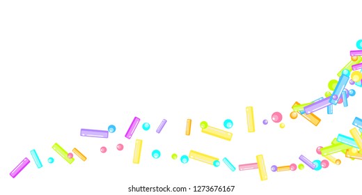 Sprinkles grainy. Sweet confetti on white chocolate glaze background. Sprinkle Cupcake, donuts, dessert, sugar, bakery background. Confetti Vector Illustration for holiday designs, party, birthday.