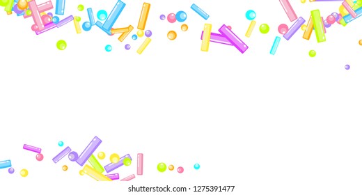 Sprinkles grainy. Sweet confetti on white chocolate glaze background. Sprinkle Cupcake, donuts, dessert, sugar, bakery background. Confetti Vector Illustration for holiday designs, party, birthday.