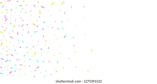 Sprinkles grainy. Sweet confetti on white chocolate glaze background. Cupcake, donuts, dessert, sugar, bakery background. Vector Illustration sprinkles grainy holiday, party, birthday,  invitation.