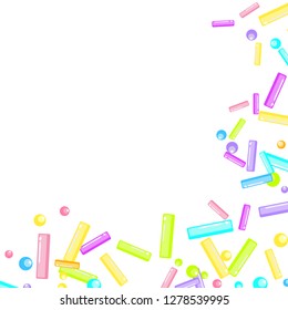 Sprinkles grainy. Sweet confetti on white chocolate glaze background. Sprinkle Cupcake, donuts, dessert, sugar, bakery background. Confetti Vector Illustration for holiday designs, party, birthday.